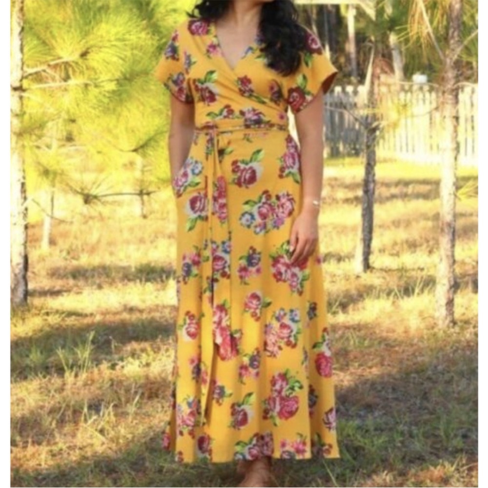 Matilda Jane Alana Jersey Knit Floral Maxi Wrap Dress Mustard Women's Small - Picture 2 of 12